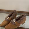 Korean version of pointed suede metal buckle with Mary Jane shoes women's autumn and winter fluffy light mouth single shoes