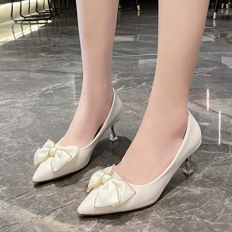 Fashion 2024 Spring Autumn New Lovely Women's High Heels Pointed Toe High Heel Slip-on Mary Janes Shoes with Butterfly-knot for Wedding