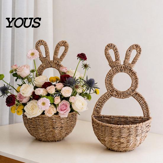 Dried Flower Wall Holder Easter Bunny Woven Basket, Handmade Rabbit Rustic Hanging Basket Living Room Ornament for or Faux Flowers Plants, Farmhouse
