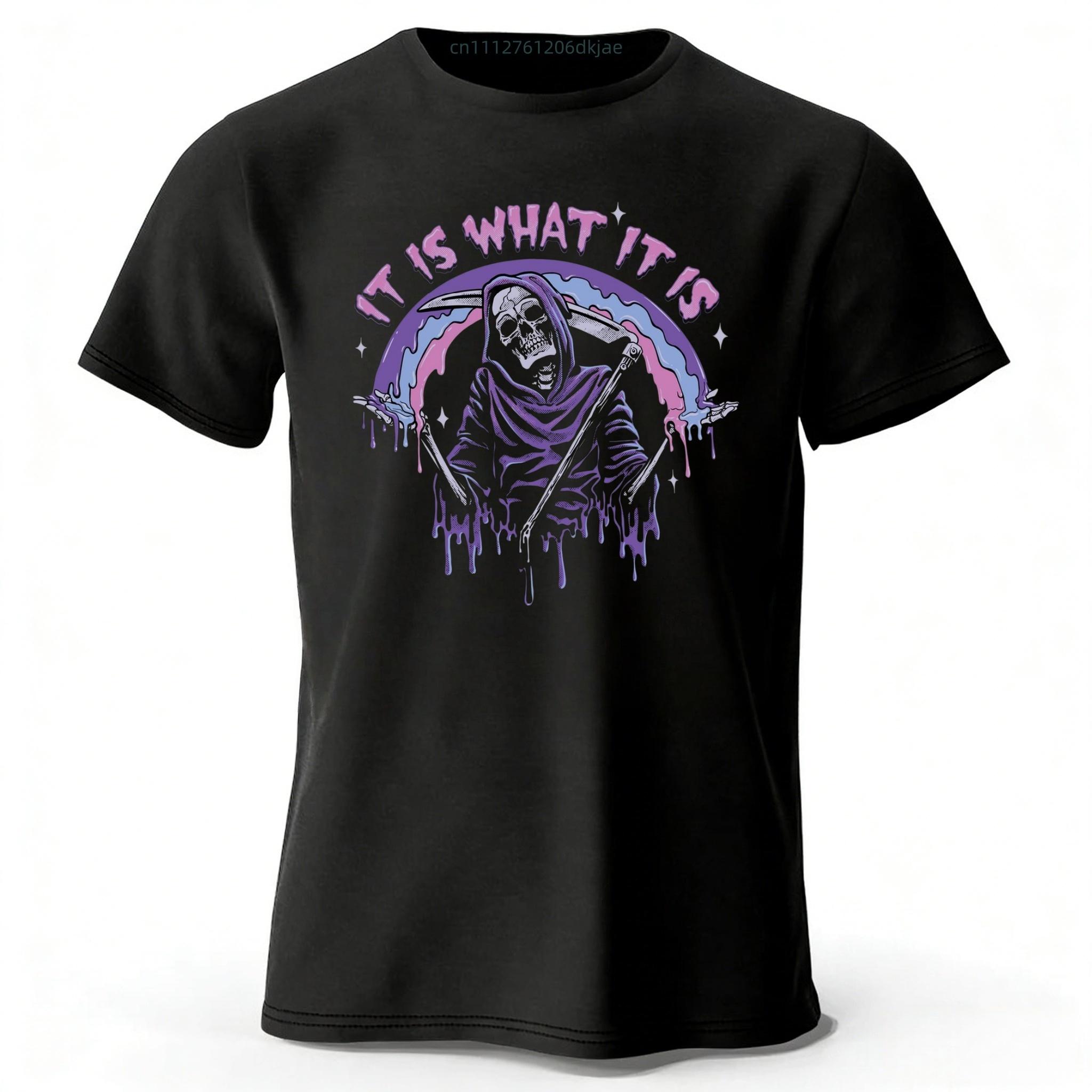 

Summer Mens Dark Gothic Style Death Print Pure Cotton Short Sleeved Comfortable Soft Loose Sports Tshirt Fashionable Outfit M