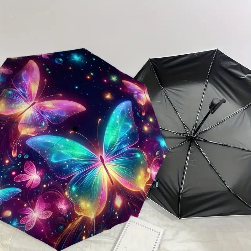 1 pièce Papillons Colorés dans un Parapluie Nuit Fantastique avec Manche en Plastique, Convient à Toutes les Saisons Maison Voyage Parapluie ExtérieurDD1207