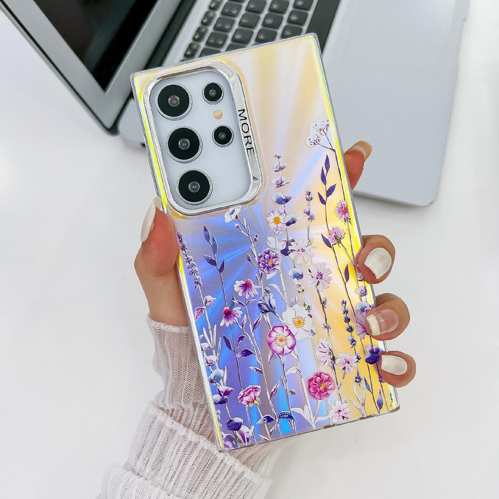 For Samsung Galaxy S22 Ultra 5G Slim Case Flower Pattern Electroplated Laser Effect Phone Cover