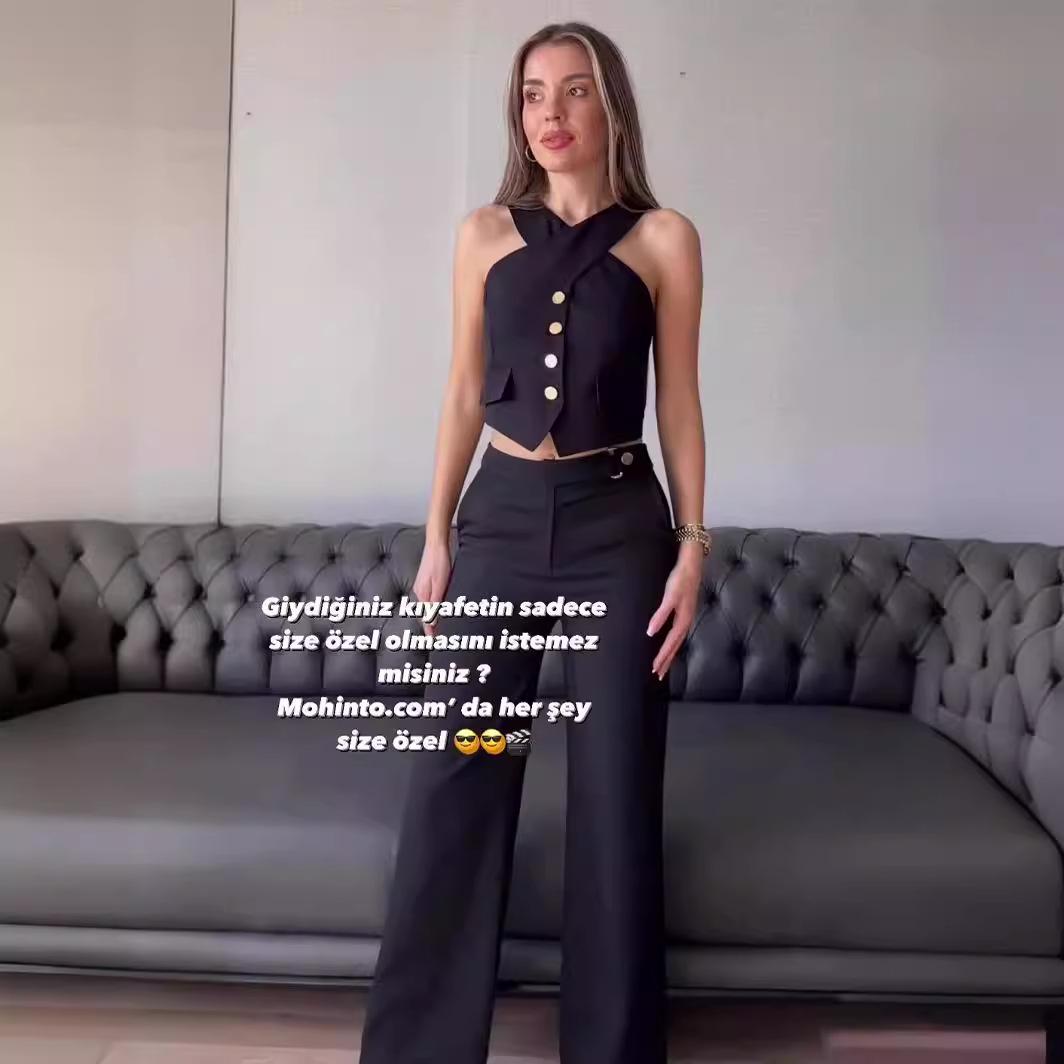 

2024 Европейский и американский однотонный кроп-топ без рукавов и комплект брюк прямого кроя с высокой талией L чёрный