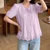 ZANZEA  Women Short Puff Sleeve V Neck Lace Trim Button Down Blouse