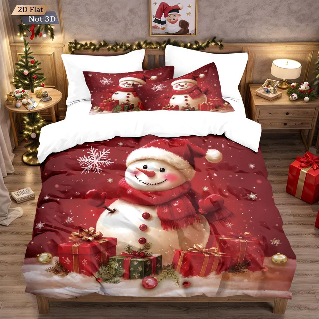 3pcs Christmas snowman red print coreless duvet cover set multi size soft bedroom bedding holiday decoration machine washable