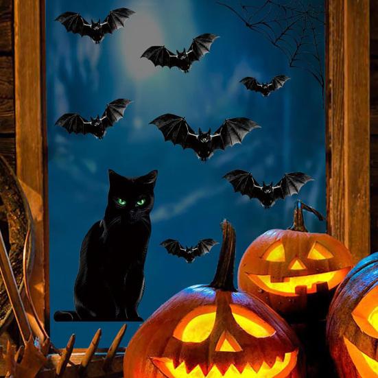 6 ks Halloweenské velké samolepky na okno s duchem Strašidelní duchové Netopýři Černá kočka Dýně Samolepky Odnímatelné Statické samolepky pro skleněnou okenní nástěnnou dekoraci