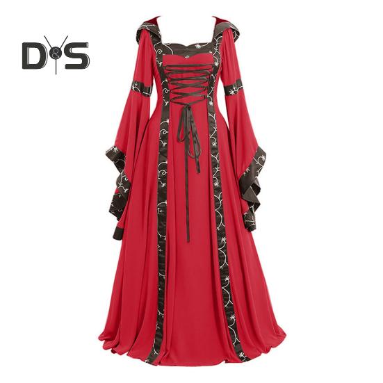 Dámské šaty Středověký královský styl Šněrovací Netopýří rukáv s kapucí Maxi šaty Obvod pasu Čtvercový límec Pódiové představení Halloween Renesanční cosplay