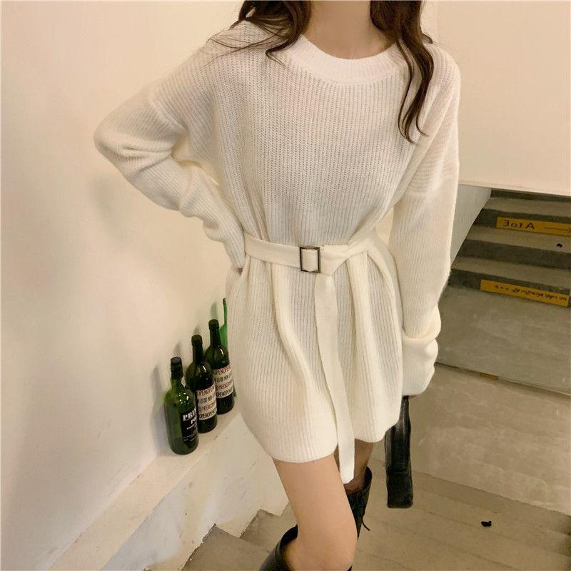Women's Knit Dress Autumn Winter Simple Midi Sweater Dress Slim Fit Pullover Sweater Dress with Belt