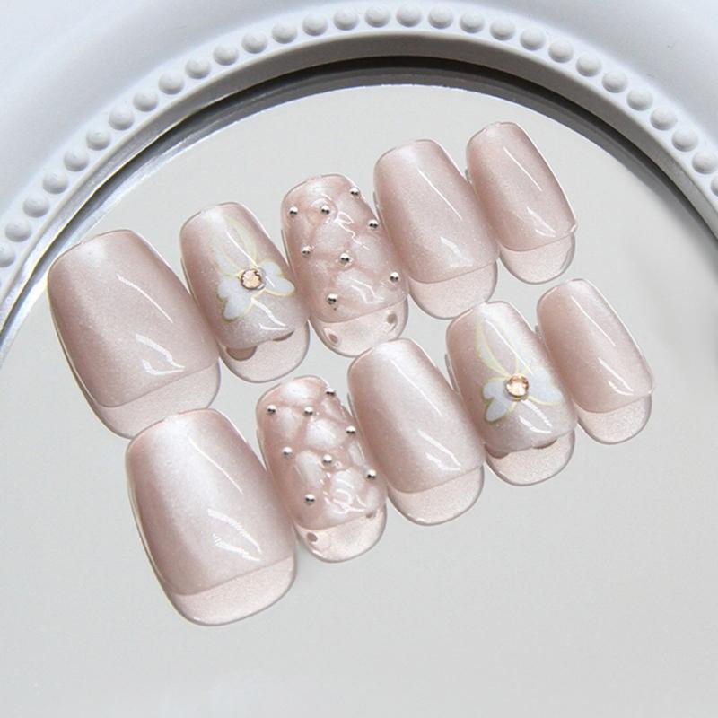 Cats Eye Short Square False Nail Set 24 Pcs Acrylic Press On Nail with Bows Easy Application For Commuting And Event