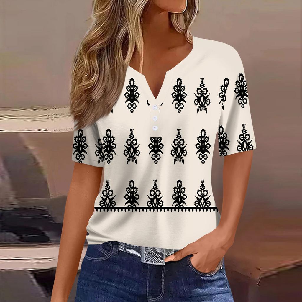 Women's T Shirt Tee Print Button Short Sleeve Daily Weekend Fashion Basic V- Neck Regular Top