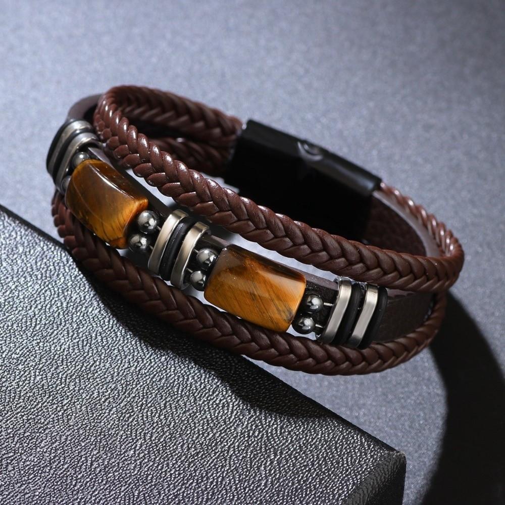 Multi-Layer Leather Bracelet Braided Beaded Bracelet Tiger Eye Stone Bracelet  Men