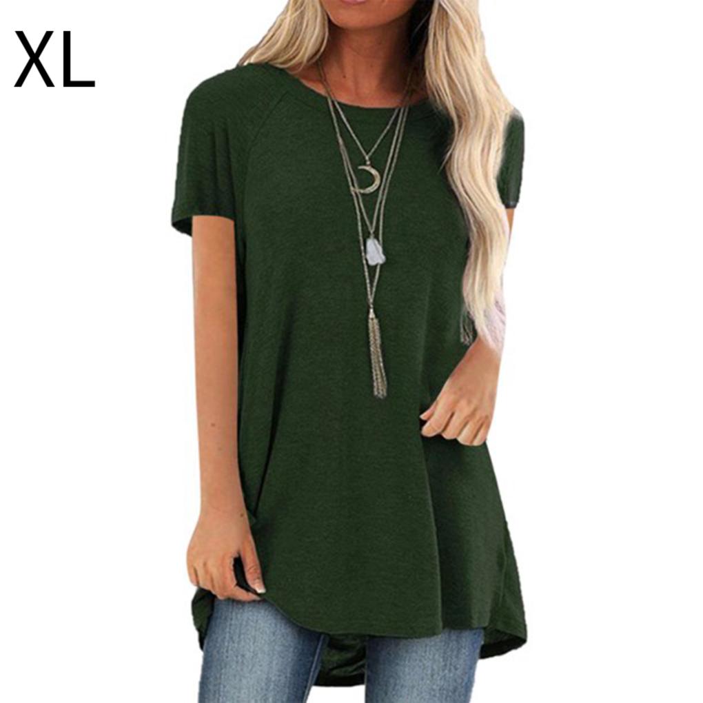 Women T-shirt Round Neck Short Sleeve Top Solid Color Casual T Shirt