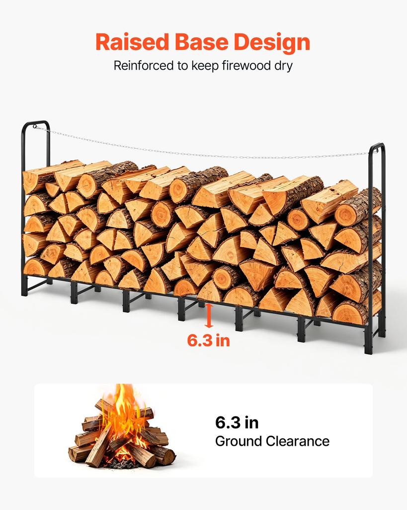 VEVOR Firewood Rack 2415 mm 1/2 Cord Heavy Duty Outdoor Wood Storage Holder, for Fireplace Patio Deck, 500 kg Load Capacity