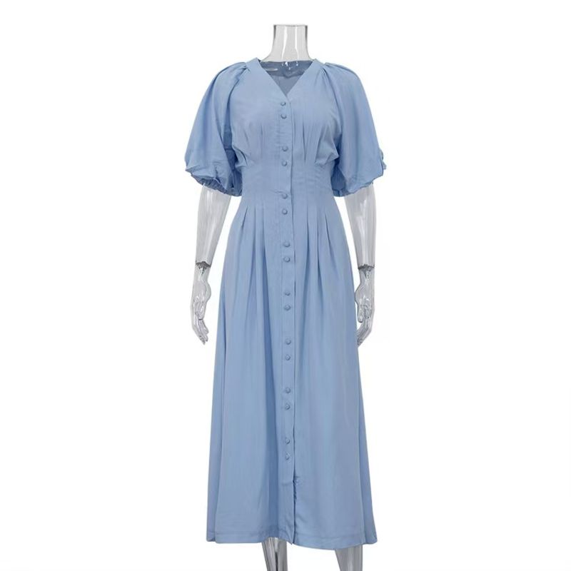 

Fashion Style New Arrival Fashion V Neck Pleated Waist Tight Single-Breasted Split Puff Sleeve Dress V-Neck Dress Blue L
