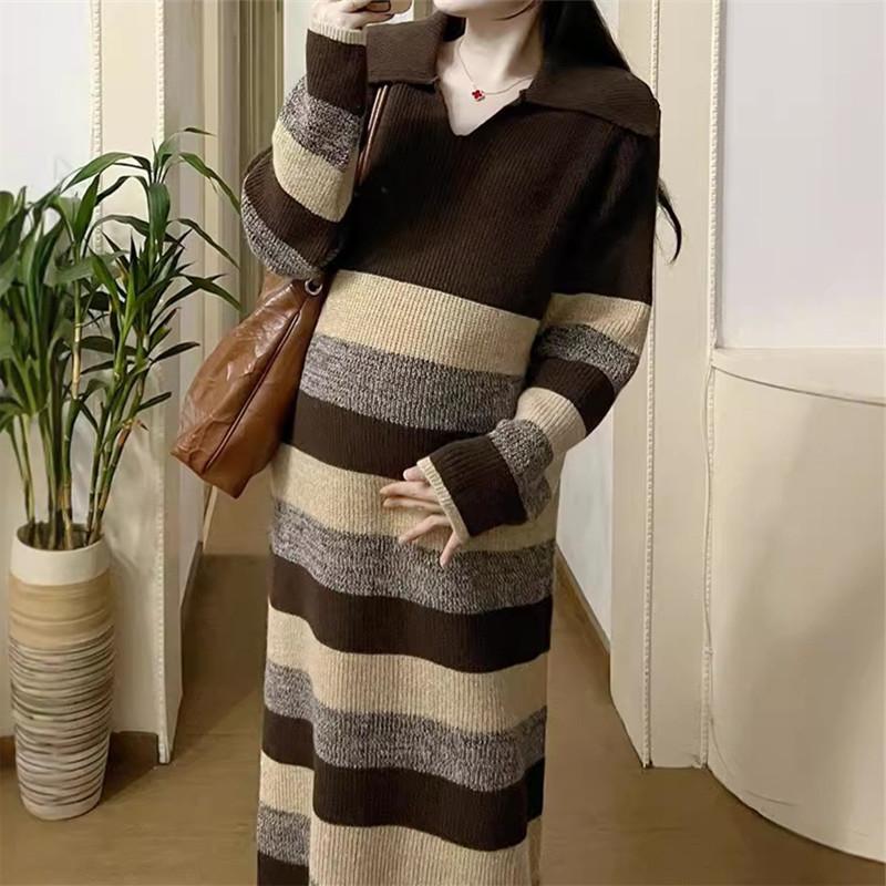 Long Autumn and Winter Knitted Large-size Dress Sweater New Striped Fashion Temperament Loose and Thin Bottom Skirt