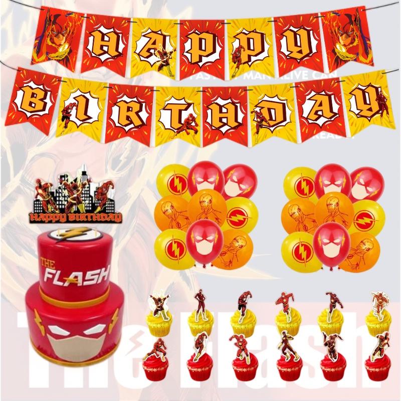 The Flash Themed Birthday Party Decorations Set With Banner, Cake Topper, And Balloons
