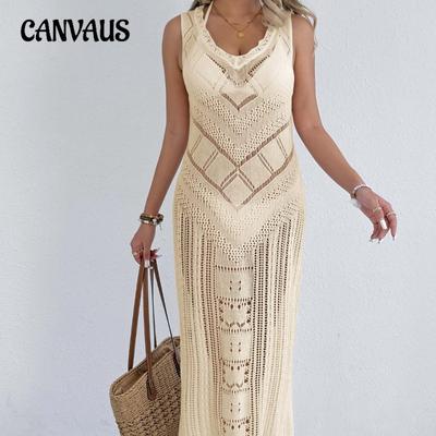 Women's Sexy Hollow Woven Vest Dress Holiday Beach Bikini Smock Dress