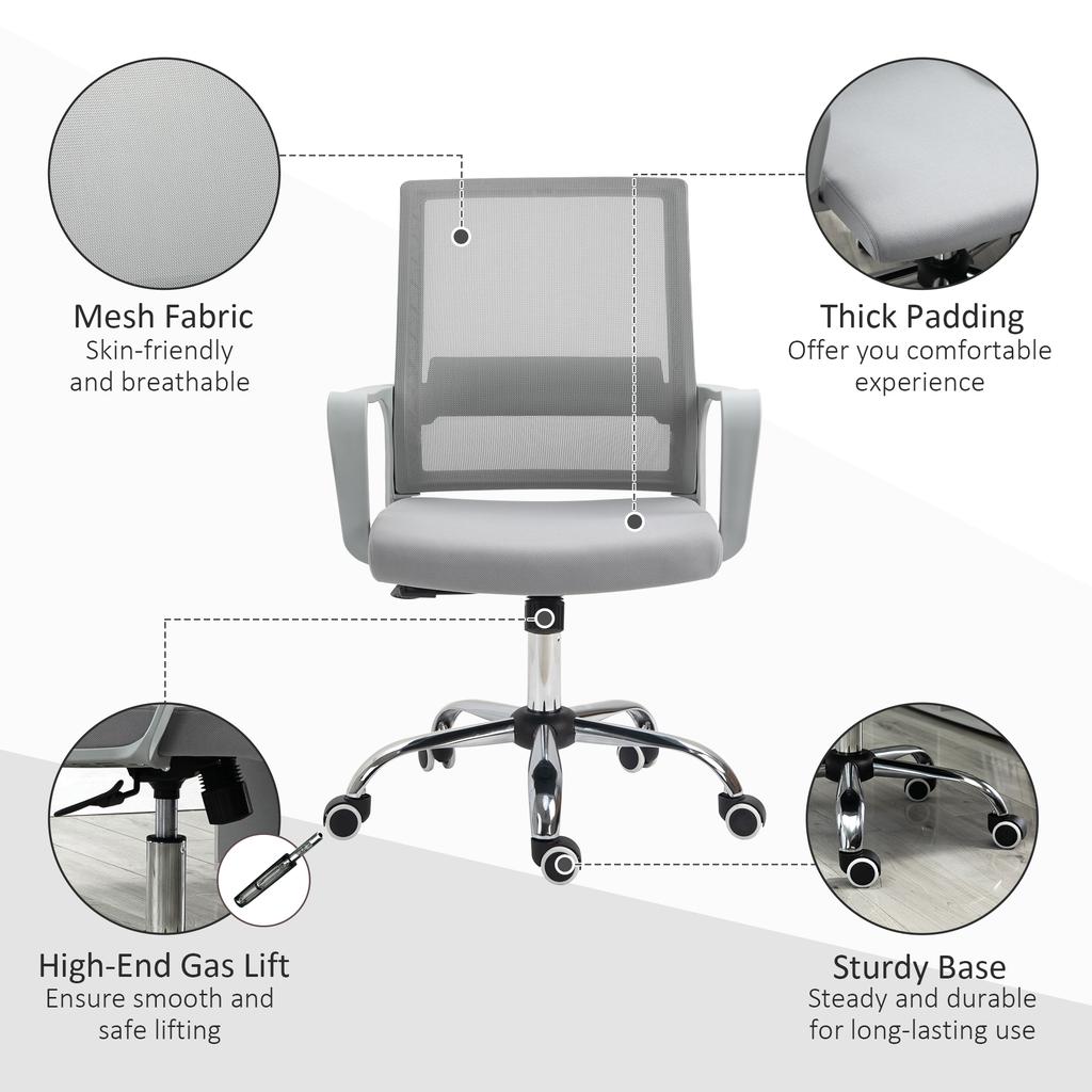 Ergonomic Desk Chair Mesh Office Chair with Adjustable Height Armrest and 360 degrees Swivel Castor Wheels Grey