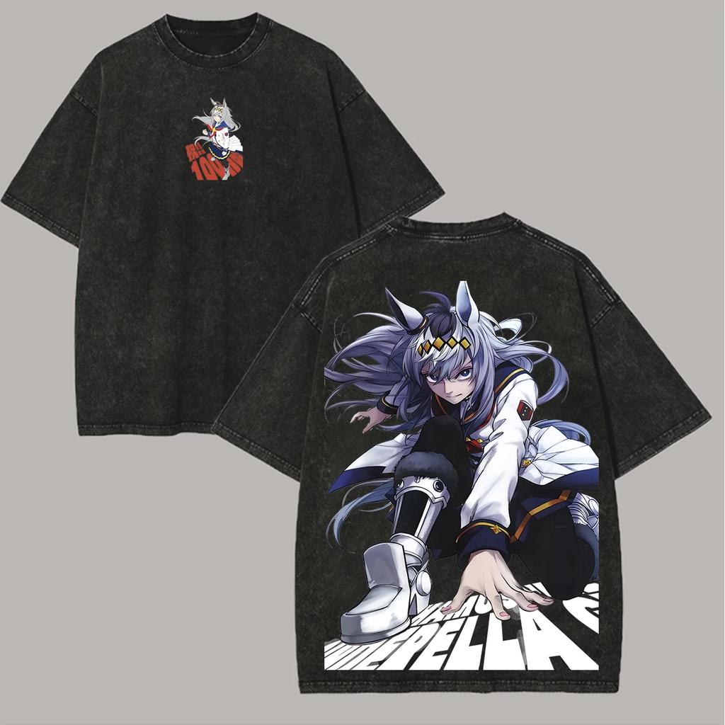 Camiseta Lavada Anime Umamusume Amante de Anime Mulheres Homens Oversized Unissex Roupas de Personalidade Vestuário