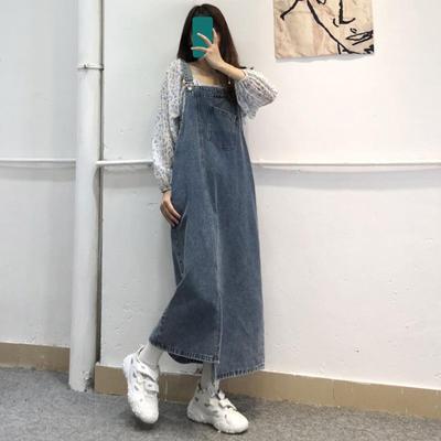 Jarretel Denim Jurk Rugloos Mouwloos Zoom Effen Zijzakken Split Los Kraagloos Kleur Verstelbare Schouderband Student