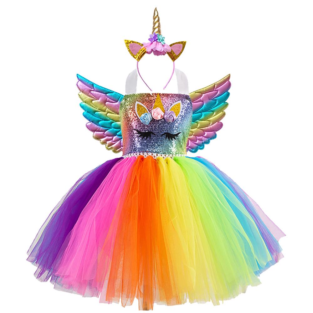 Regenbogen Pailletten Einhorn Kleid mit Flügeln & Kopfschmuck - Europäischer & Amerikanischer Stil 2026 für Mädchen