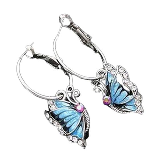 Women 1Pair Blue Crystal Rhinestone Enamel Butterfly Dangle Hoop Earrings Earbob