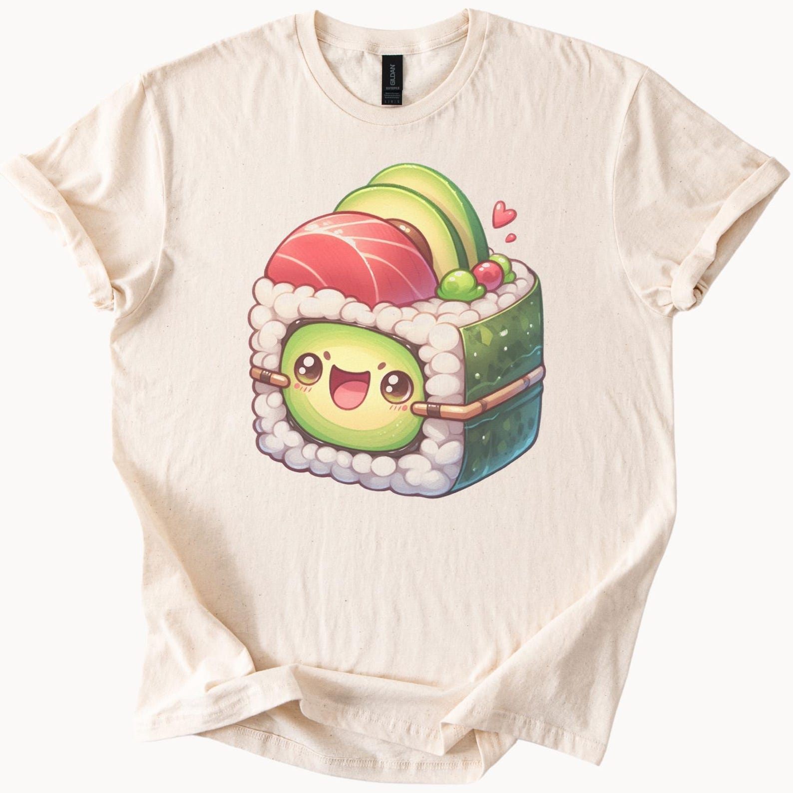 Cute Sushi Roll Kawaii Avocado Tuna Graphic T Shirt Happy Food Cartoon Anime Style Japanese Snack Art Tee Gift for Sushi Lovers 100