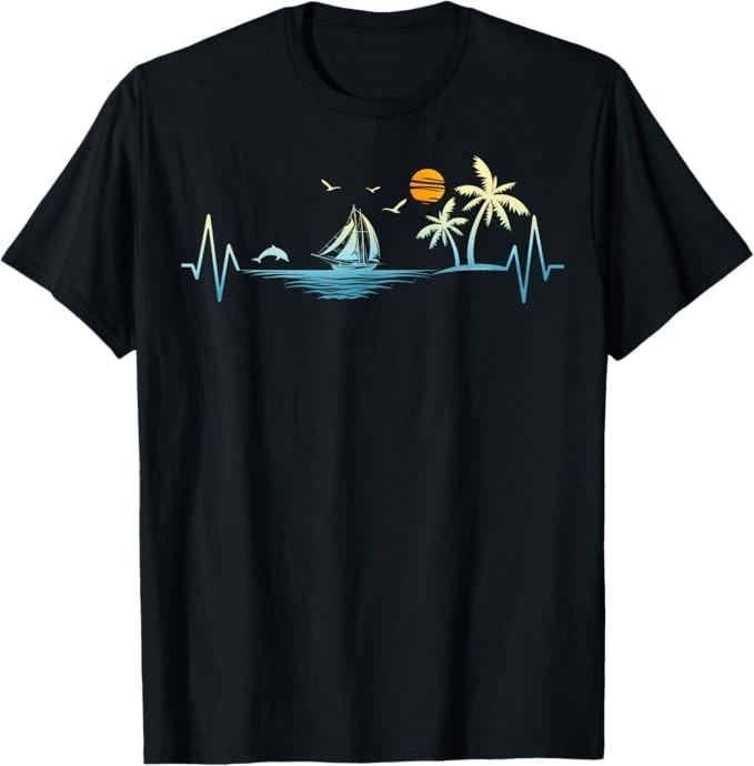 

Heartbeat with Sailboat Tropical Palm Trees Beach Island T-Shirt 2XL
