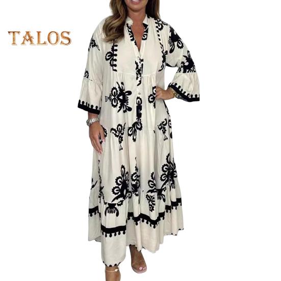 Fall Spring Dress Stand Collar Long Sleeves Color Matching Print Pleated Patchwork A-line Loose Hem Ankle Length Dating Daily Wear Maxi Dress
