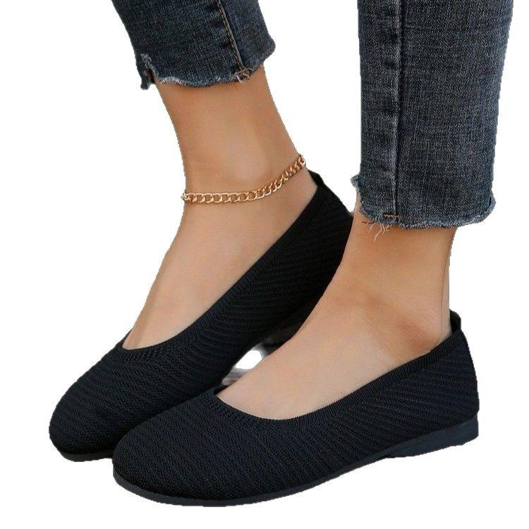 New flat-bottomed solid-color fly-woven Doudou shoes, round-headed casual single shoes