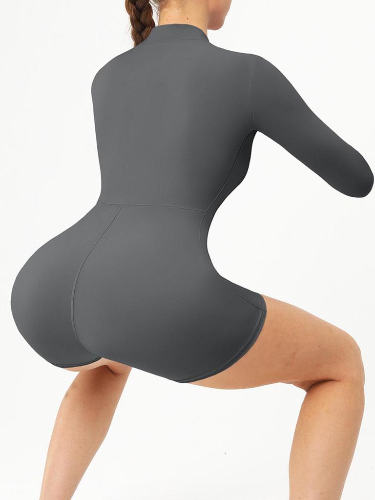 Women's Sexy Open-Neck Zipper Jumpsuit, Long-Sleeved Yoga Fitness Bodysuit