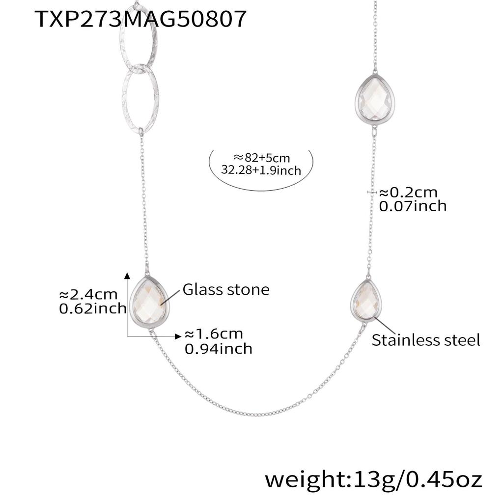 European & American Water Drop Glass Stone Long Sweater Necklace with Hollow Round Ring in Non-Fading Titanium Steel