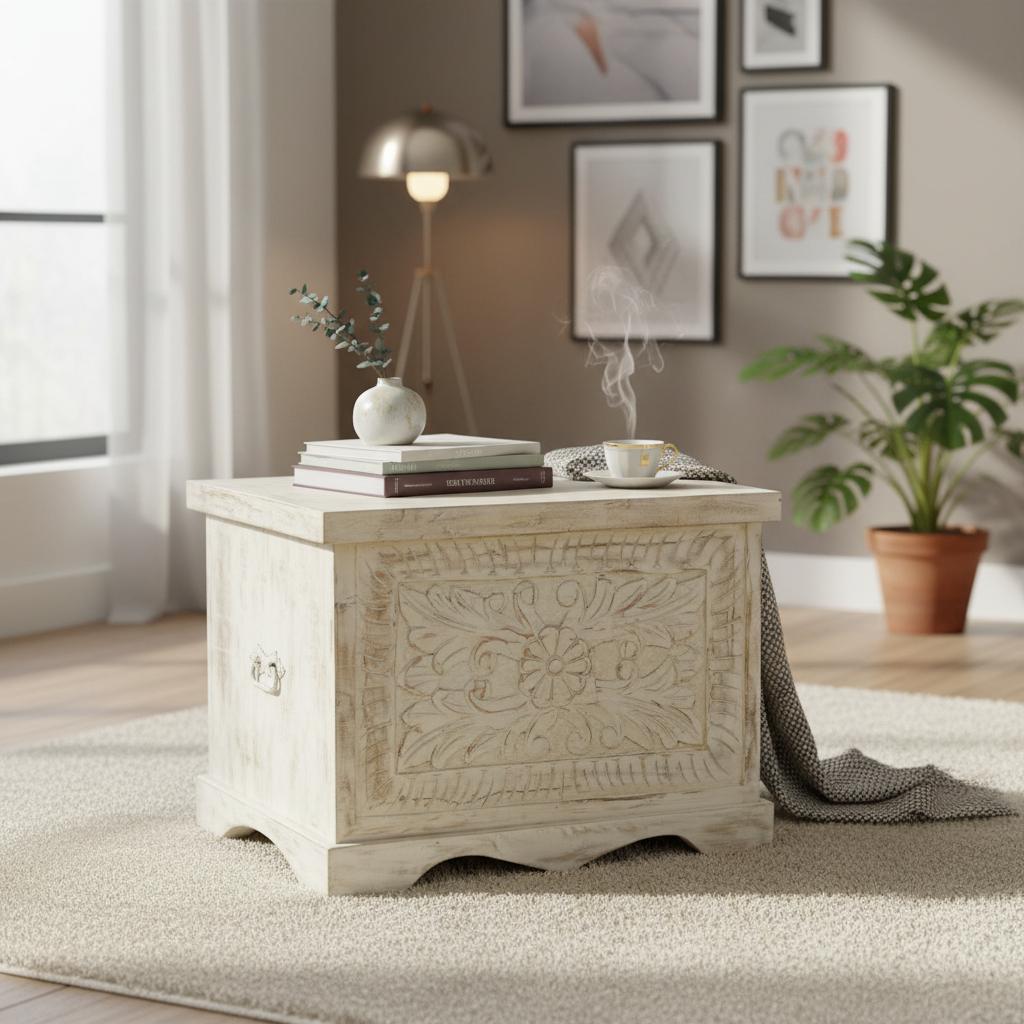 

Wood Painted Carved Storage Box Coffee Table-Wood Central Chest with Floral Carved Trunk for Home Décor Organizing Artwork Home Furniture