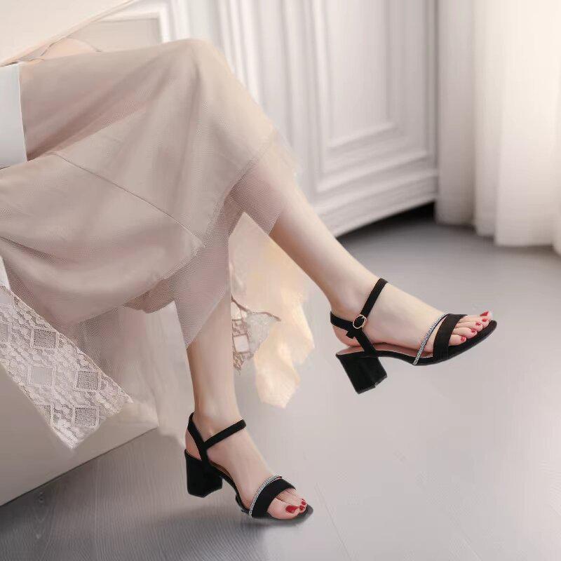 2026 Black Chunky Heel Sandals: Women's Simple Single Strap Versatile High Heels for Summer Skirts