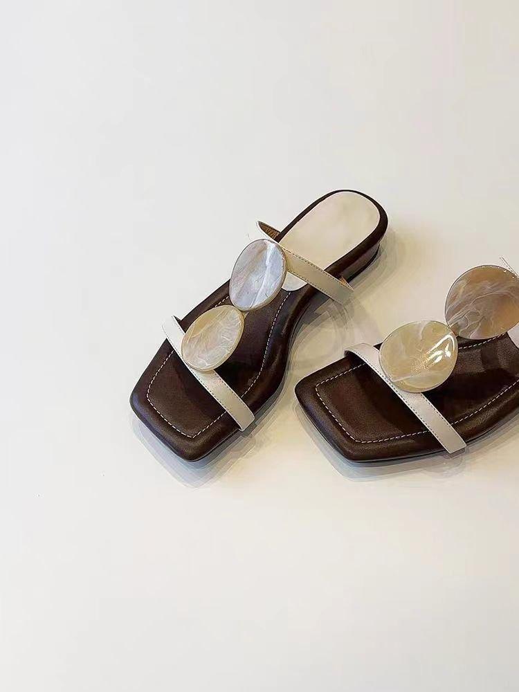 Soft Leather Version~ Niche French One-word Cool Slippers Women's Open-toed Square Head Temperament Roman Shoes Flat Beach Shoes