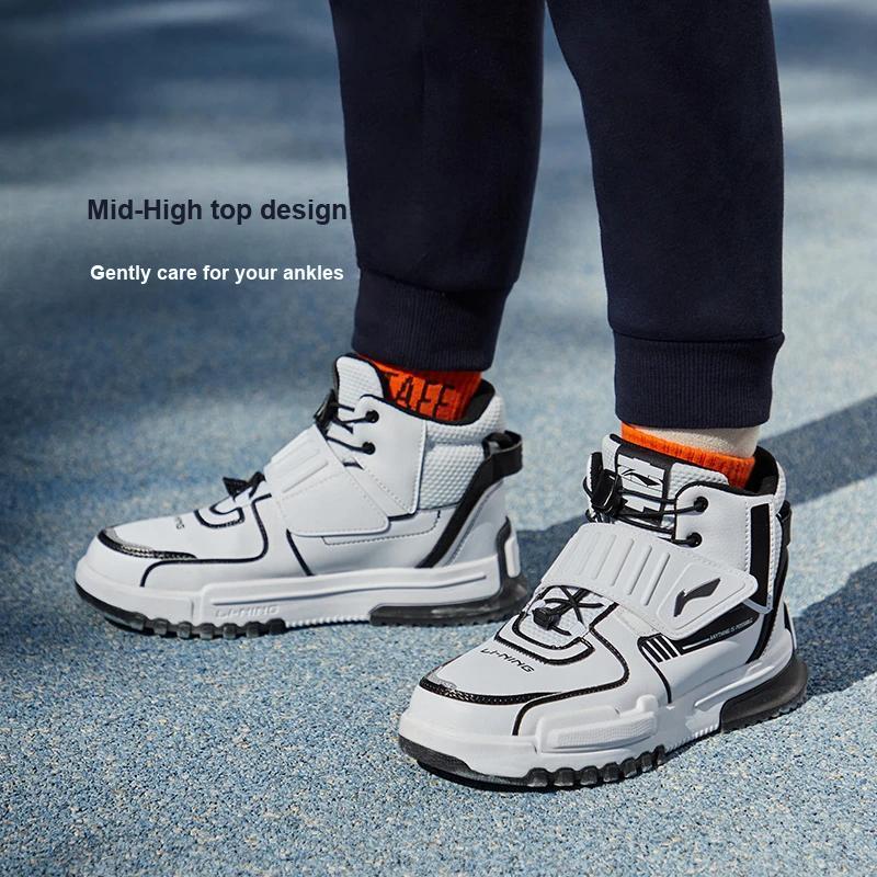 LiNing Youth  Unrestrained Shock Absorbing Non-Slip Wear-Resistant High-Top Running Shoes Kids sneakers White Black YKCR172-13