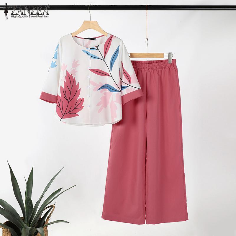 

ZANZEA Женские повседневные комплекты из блузки и брюк с принтом из двух предметов темно-синий