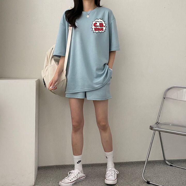 Women summer Casual Sports Loose Short Sleeve Top & Shorts Letter Printed Cotton Outfit  Two Piece Clothes Set