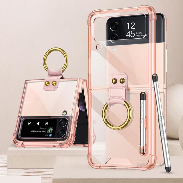 Z Flip 4 Case With Pen For Samsung Galaxy Z Flip 4 3 Flip3 Flip4 5g Case Capacitance Pen Slot Plating Transparent Stand Cover