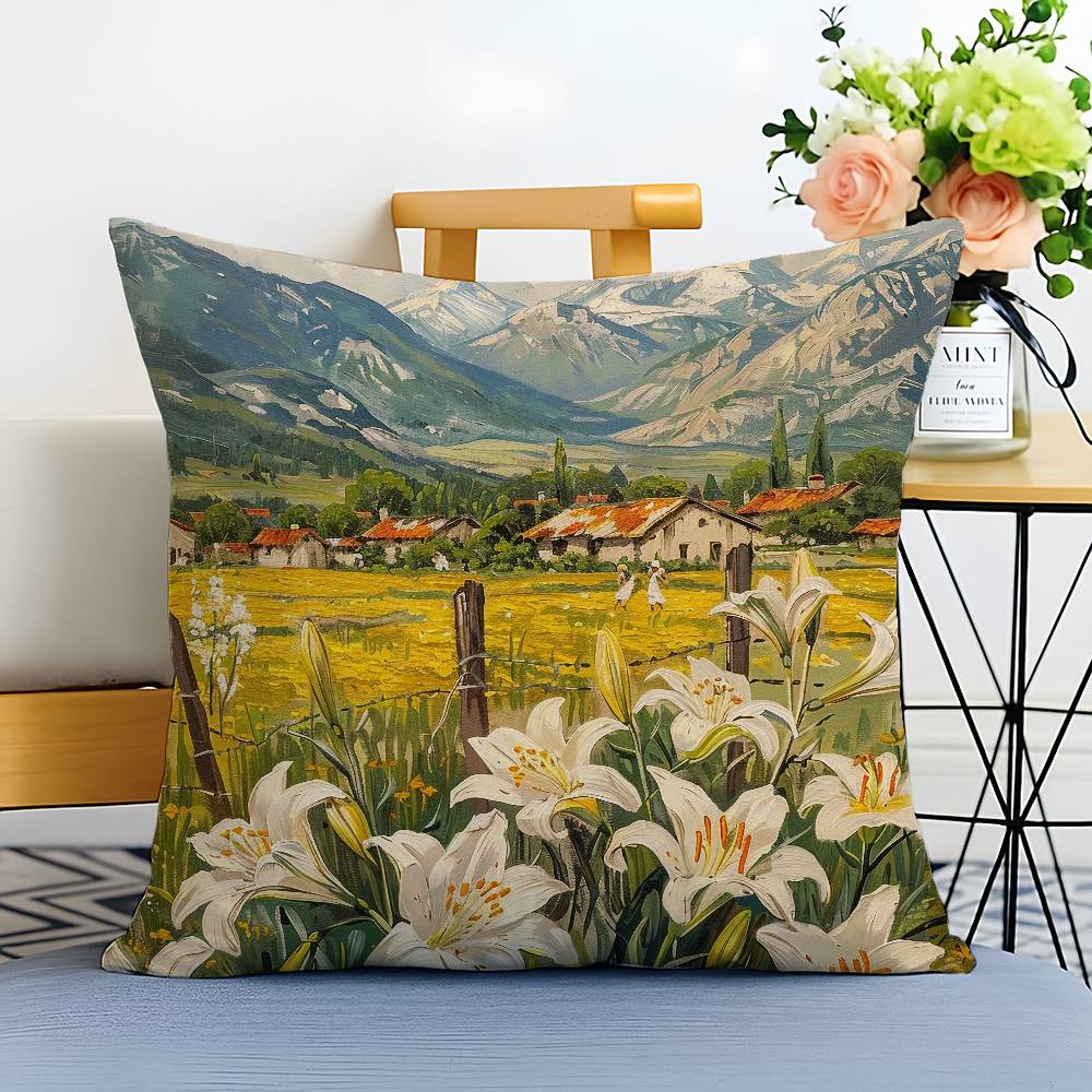 Beautiful Warm Landscape Paintings Pillow Case Printed Brushed Fleece Pillow Baby Skin-Touch Eco-Friendly Dye-Sublimat