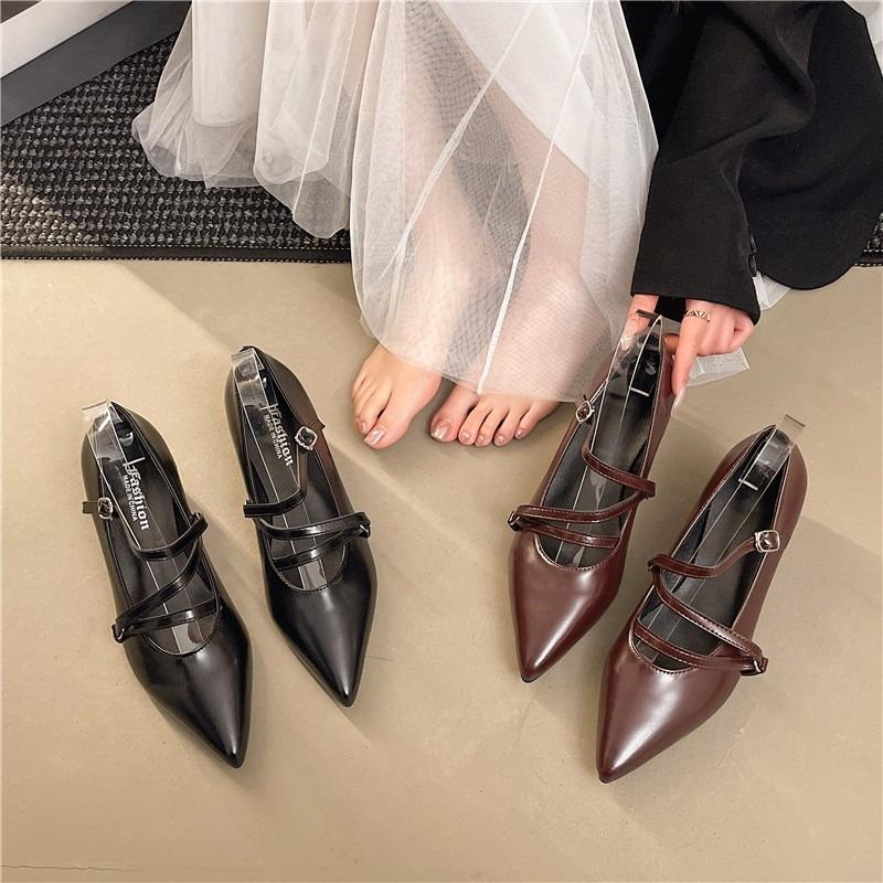 Summer 2025 Women's Wine Red Patent Leather Cat Heel Sandals Buckle Pointed Toe Thin Heel Single Shoes High Heels Casual Footwea
