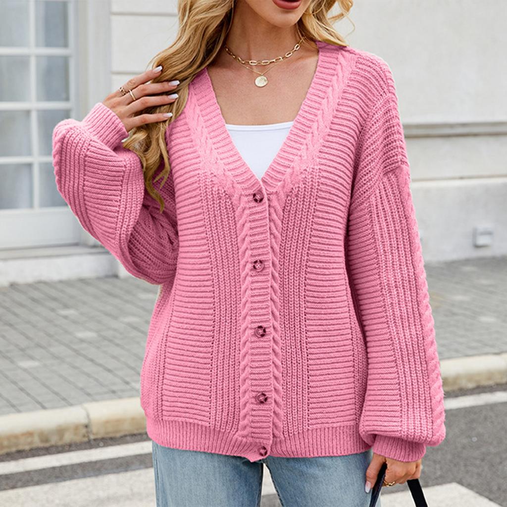 Women's Fashion Solid Color Long Sleeved V-neck Knitted Sweater Cardigan Jacket