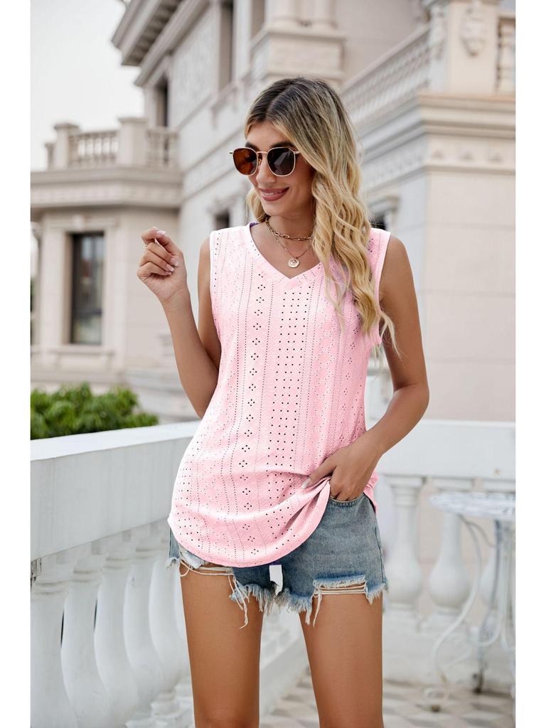 2024 European & American Women's V-Neck Hollow Out Sleeveless Casual Vest Top