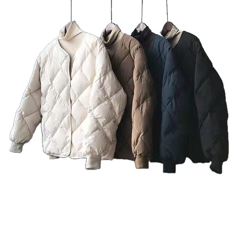 2025 Winter Women's Loose Diamond Pattern Round Neck Short Down Cotton Jacket - College Style