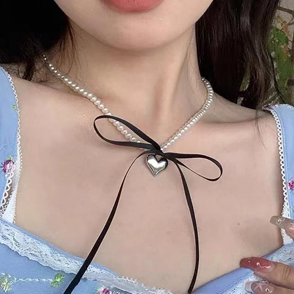 Baroque Style Light Luxury Double Layer Pearl Necklace Metal Heart Bow Ribbon Choker Collarbone Chain for Women