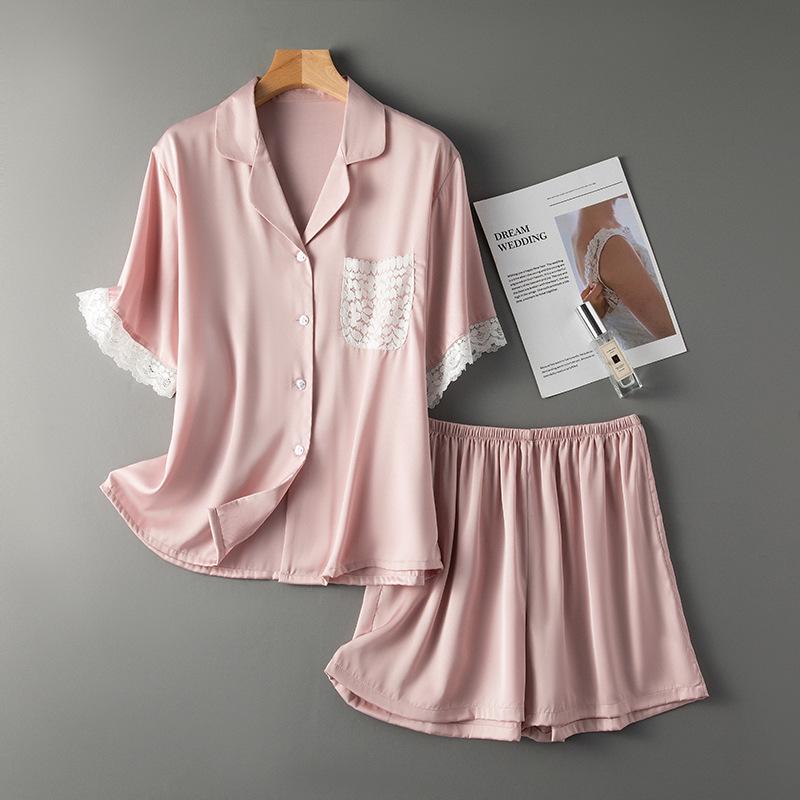 Nude Pink Silk Satin Women's Pajama Set - Short Sleeve & Shorts with Lace Trim