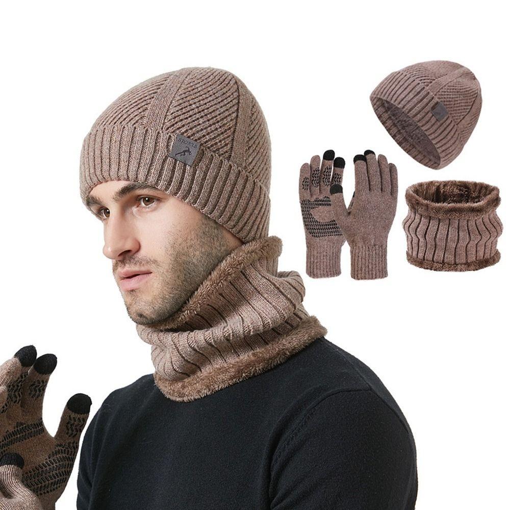 3Pcs/Set Plush Lining Knit Beanie Snood Set Warm Touchscreen Gloves for Men