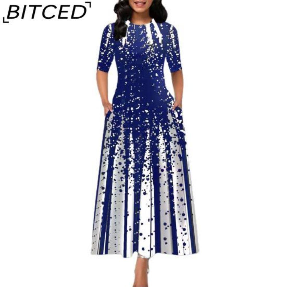 

BITCED Повседневное женское платье-пуловер со средней талией и круглым вырезом, платье с принтом и большим подолом, платье с коротким рукавом и длиной до щиколотки, женские платья XXXXL синий