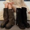 Women's Boots Thick Sole Height Increasing Knee Long Tube Boot Platform Round Toe Side Zipper Fashion Belt Buckle Women Shoes