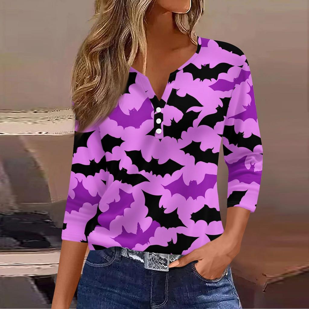 Women's Casual Fashion V-neck Loose Versatile Halloween Print Three-quarter Sleeve Top